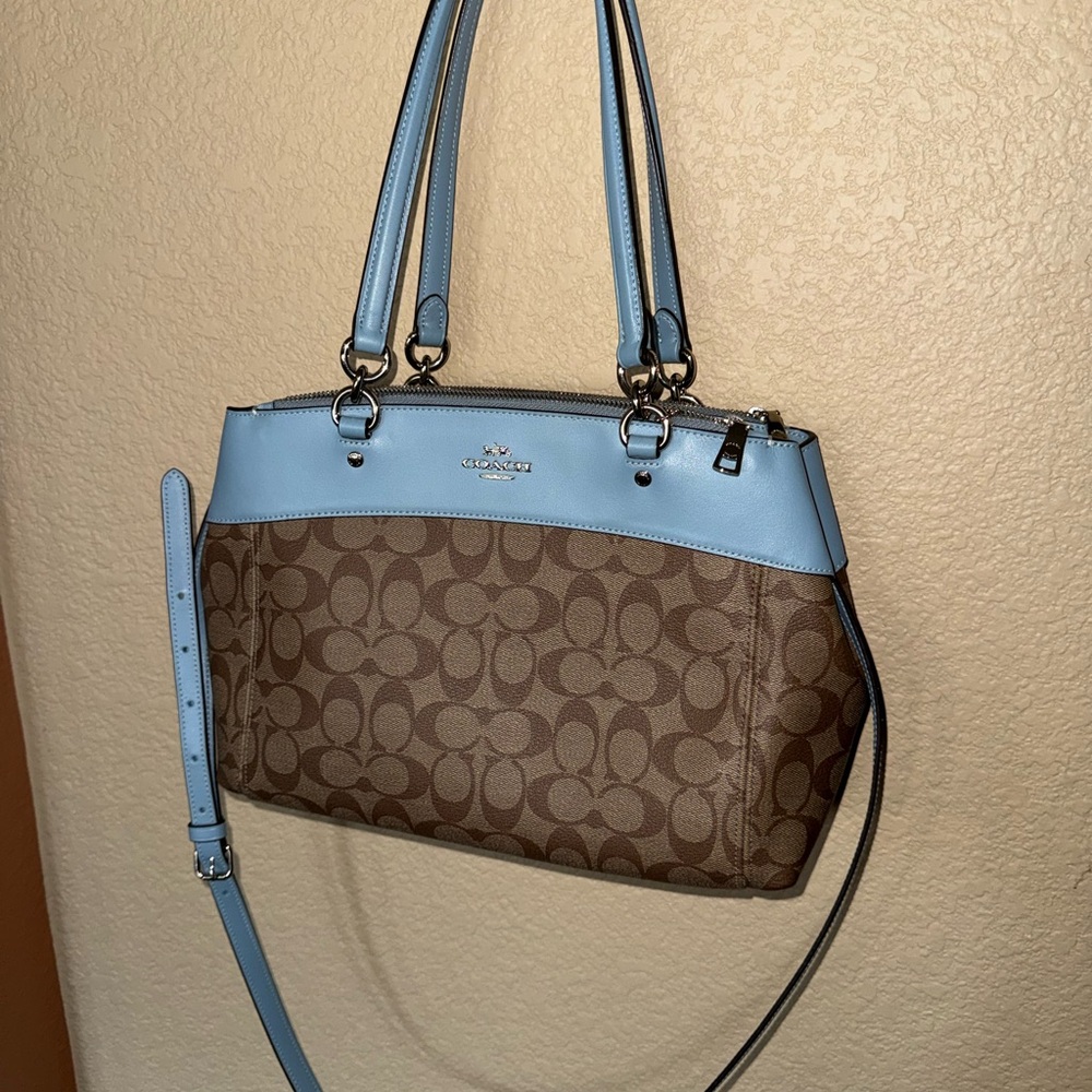NWOT Coach Brown Signature Canvas Shoulder Bag with Light Blue Trim
